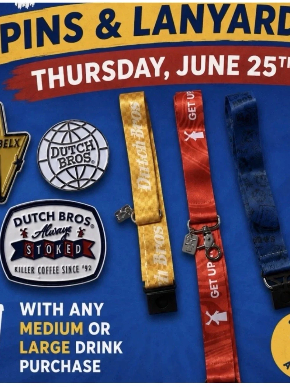 Dutch Bros Yellow Lightning Bolt Rebel Pin and Yellow Lanyard JUNE 25 2026